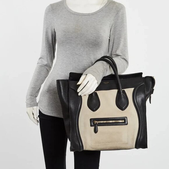 Celine Black Leather and Beige Nubuck Medium Luggage Shopper Tote Bag - Picture 2 of 12